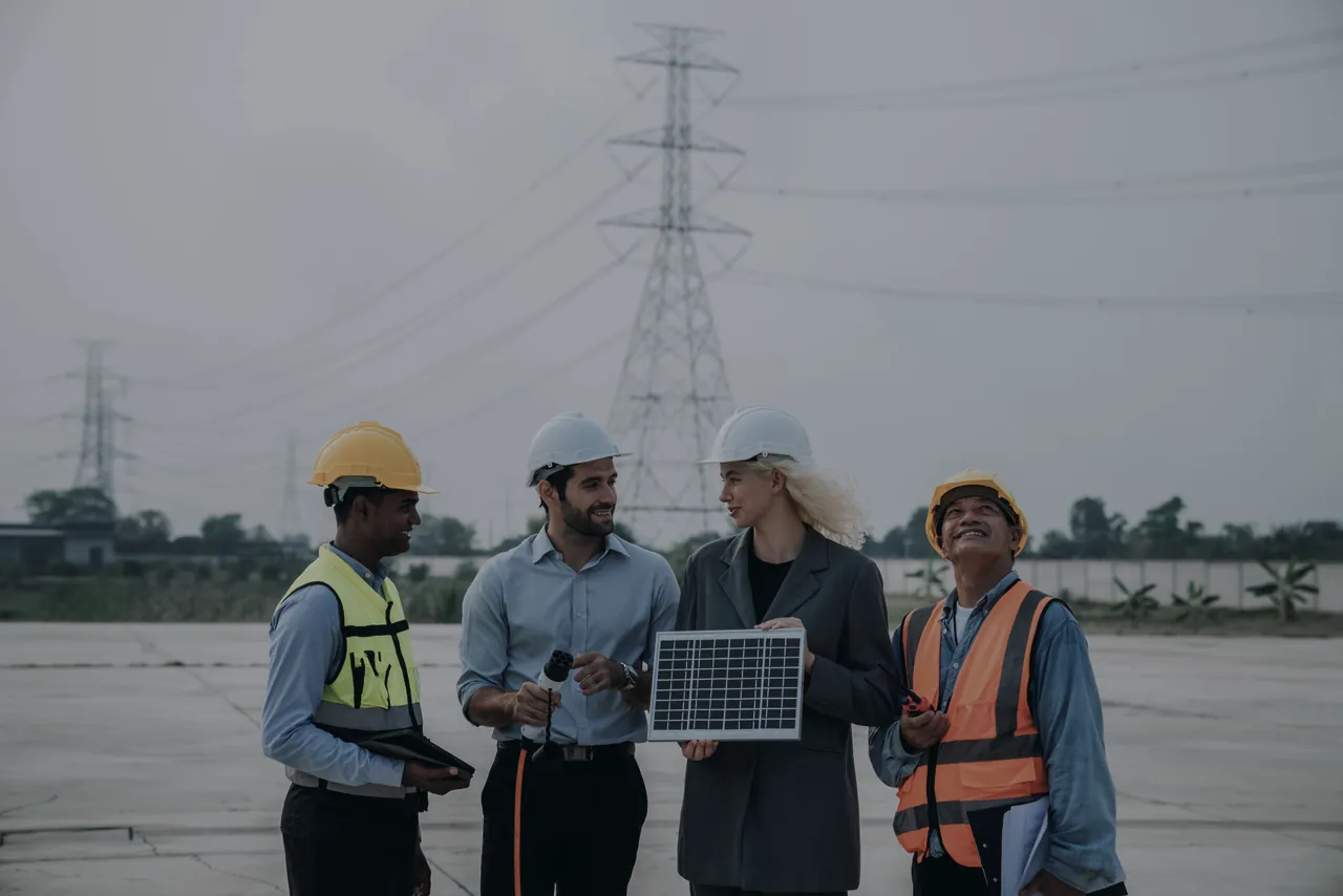Équipe d’ingénieurs et de techniciens échangeant autour d’un panneau photovoltaïque