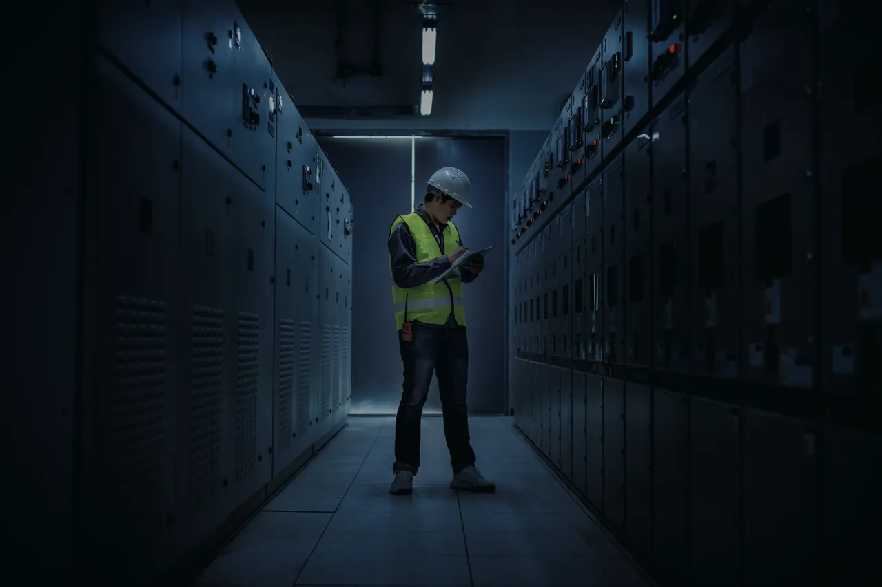 Technicien consultant une tablette dans un couloir de cellules électriques